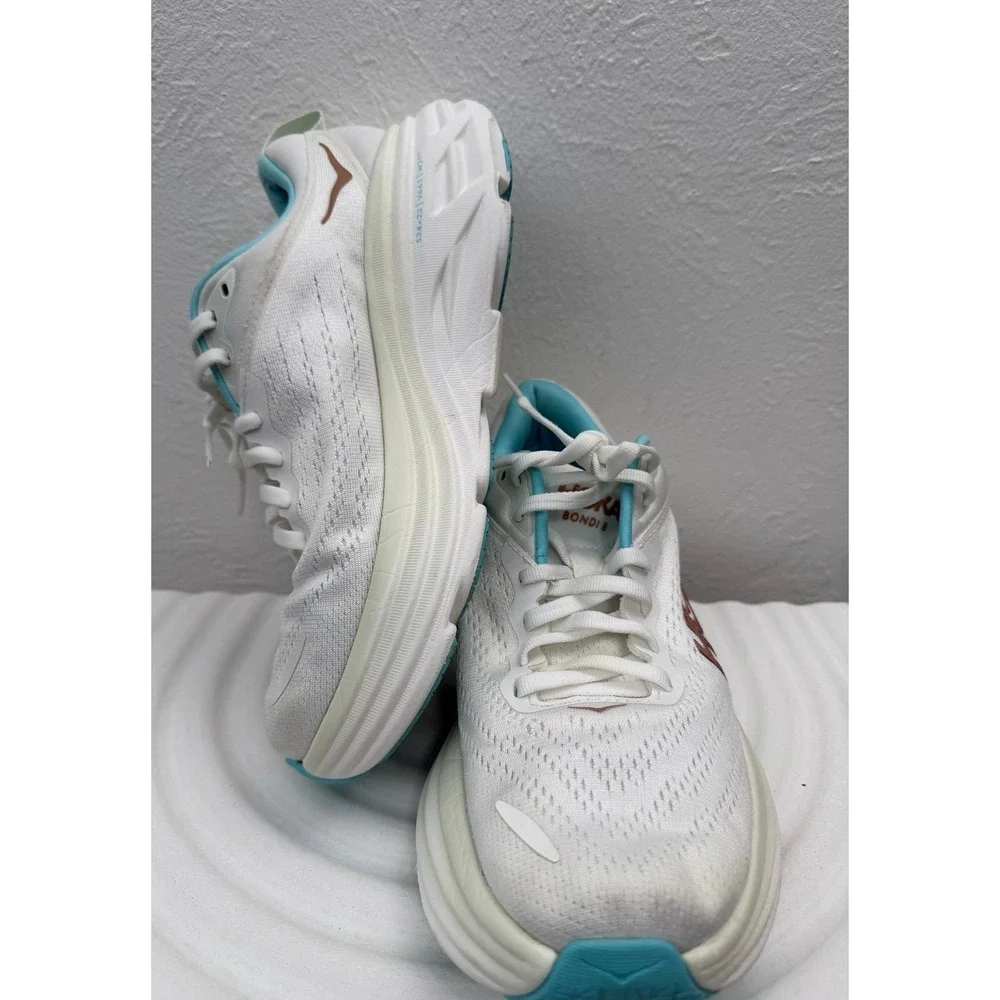 HOKA Bondi 8 Women's Running Shoes White Blue Cushioned Sneakers Size 7B